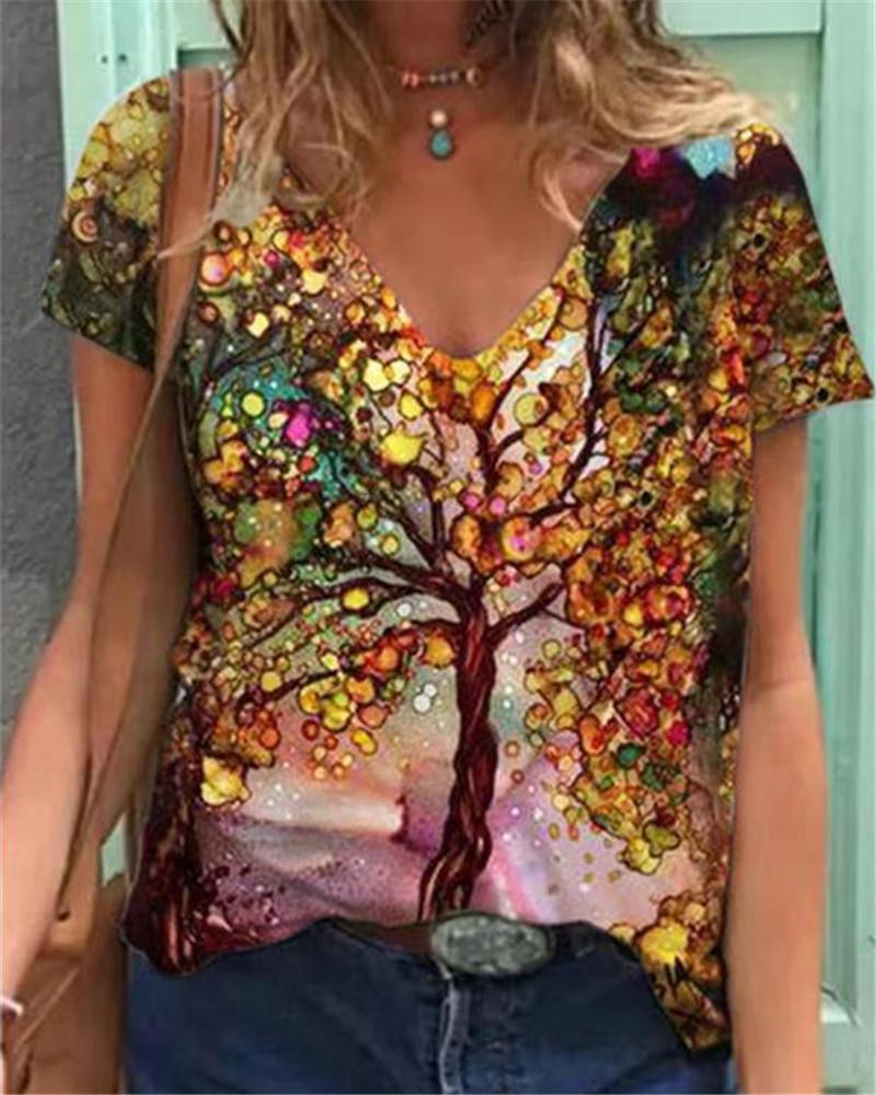 Summer Women's New Amazon Painted V-neck Printed Short Sleeved T-shirt