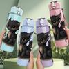 1 Uds. Lindo Cachorro de Dragón Negro 750 ml Botella de Agua Deportiva de Plástico de Color Tapa con Pajita Plegable Antifugas Adecuada para Uso Deportivo, Oficina, Hogar