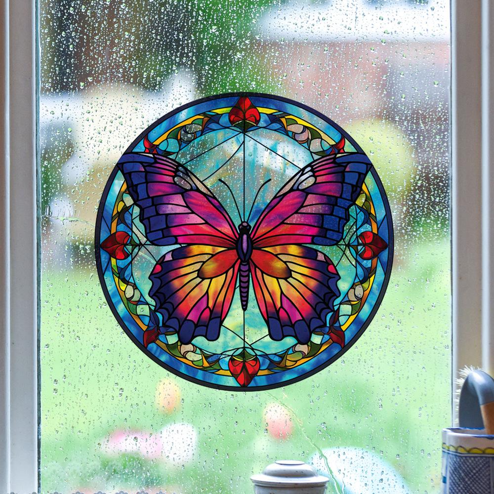 Retro Colorful Hummingbird Iris Window Glass Electrostatic Sticker Detachable Decorative Film Home Decoration