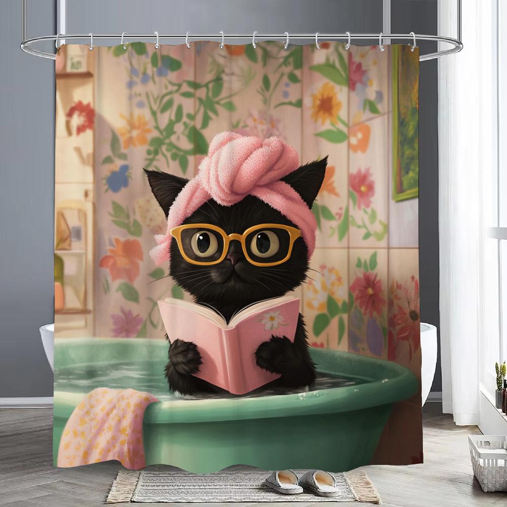 Bathroom Cat Shower Curtain, Floral Plants,Black Cat in the Bathtub Bathroom Decorative Shower Curtain, Home Curtain with Hooks