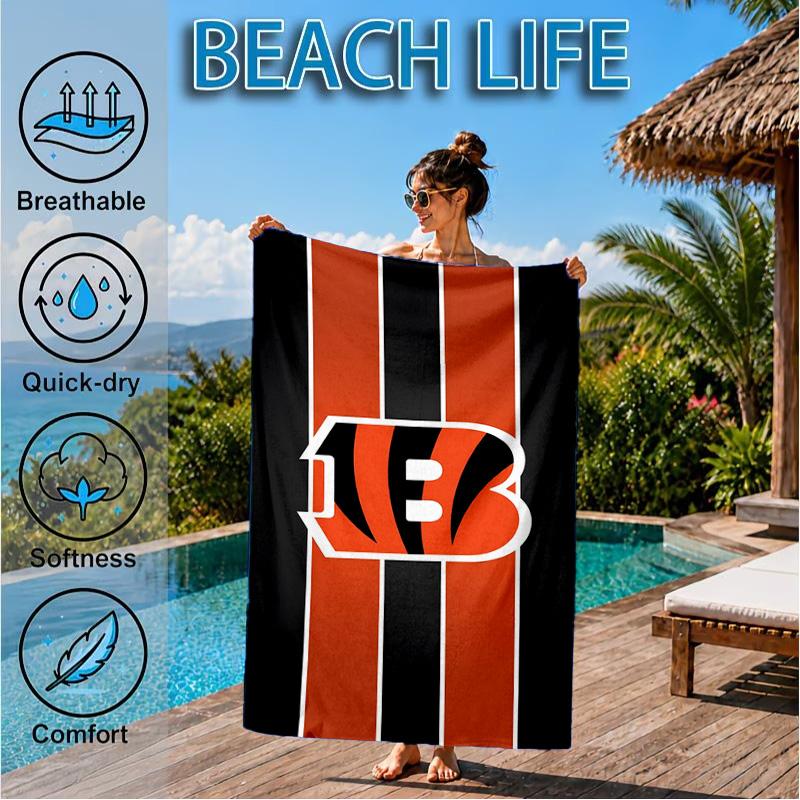 Bengals Team Logo Artwork Beach Towel, Microfiber Beach Towel, Perfect For Pool, Beach, Travel, Home Decor Beach Party Fan Gifts