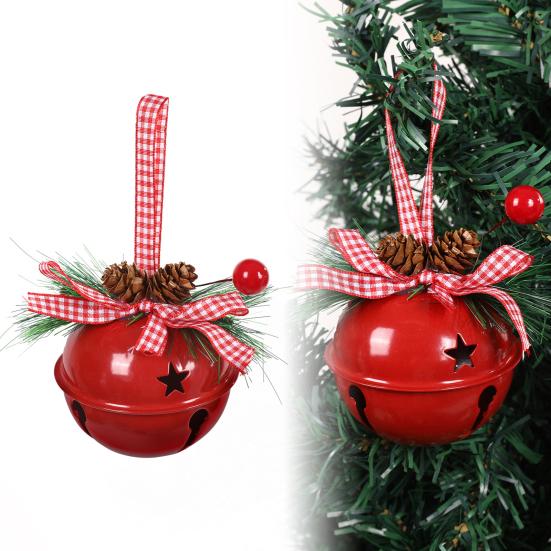 Christmas Bell Ornaments with Pinecones Berries Plaid Bow Rustic Metal Jingle Bells Xmas Tree Hanging Decor for Holiday Door Window Tree Party Decor