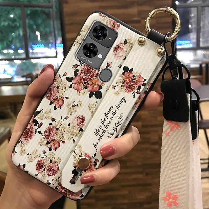 Ring Dirt-resistant Phone Case For Oukitel C33 Fashion Design Wrist Strap Lanyard Phone Holder Kickstand Silicone Flower
