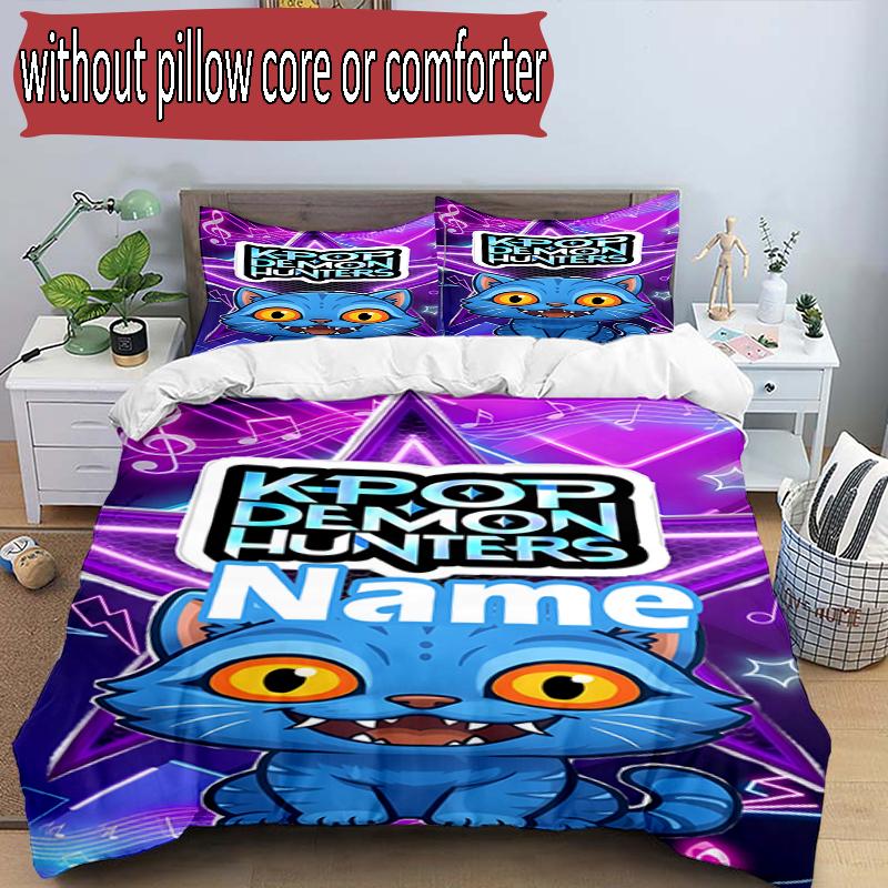 3pcs Duvet Cover Set (1*Duvet Cover + 2*Pillowcase, Without Core), Custom Name KPop Hunters Pattern Bedding Set, Home Bedroom Decor Gift