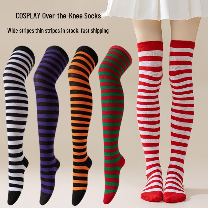 Damen Overknee Socken mit Kreuzstreifen für Halloween, Weihnachten, Karneval, Tanz und Japanische Festivals