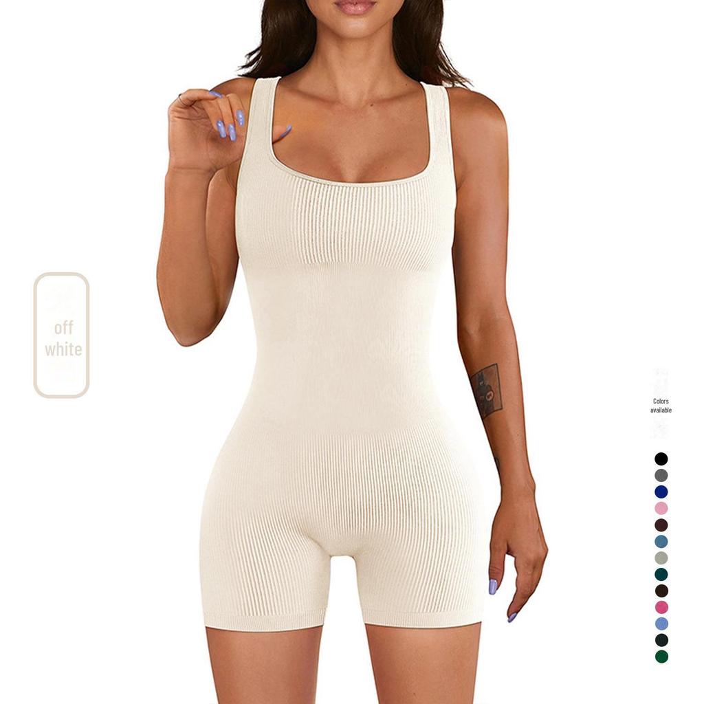 2023 Women's Ribbed Yoga Jumpsuit - Short-Sleeved and Tight Fit for Summer Fitness