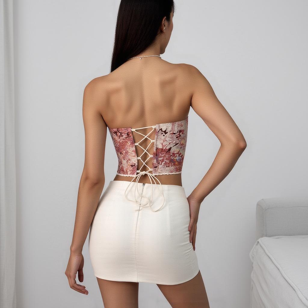 French Lace Tie Fishbone Camisole - Retro Floral Print Women's Top