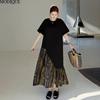 MODIQUE Summer Plus Size New Women Loose Basic T-Shirt Pleated Silk Patchwork Long Dresses Female Casual Short Sleeve O-Neck Dresses