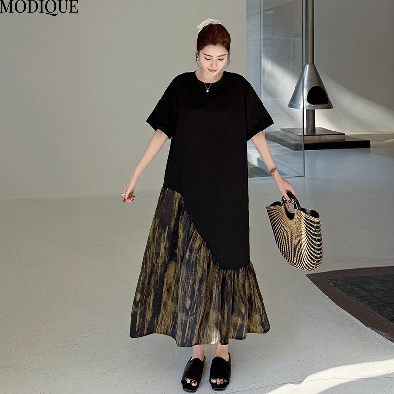 MODIQUE Summer Plus Size New Women Loose Basic T-Shirt Pleated Silk Patchwork Long Dresses Female Casual Short Sleeve O-Neck Dresses