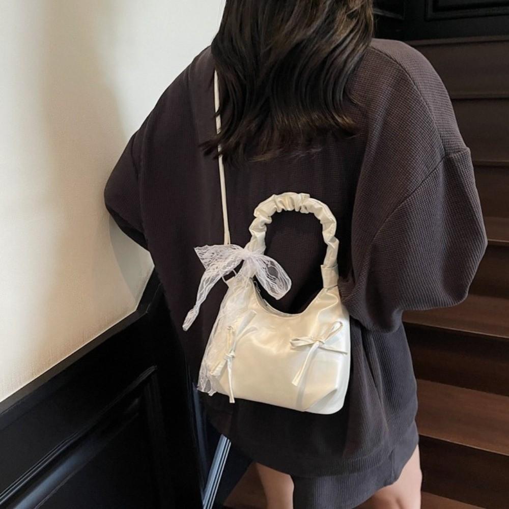 Pleated Evening Handbag Beige Underarm Bag Sweet Bow PU Shoulder Bag Travel