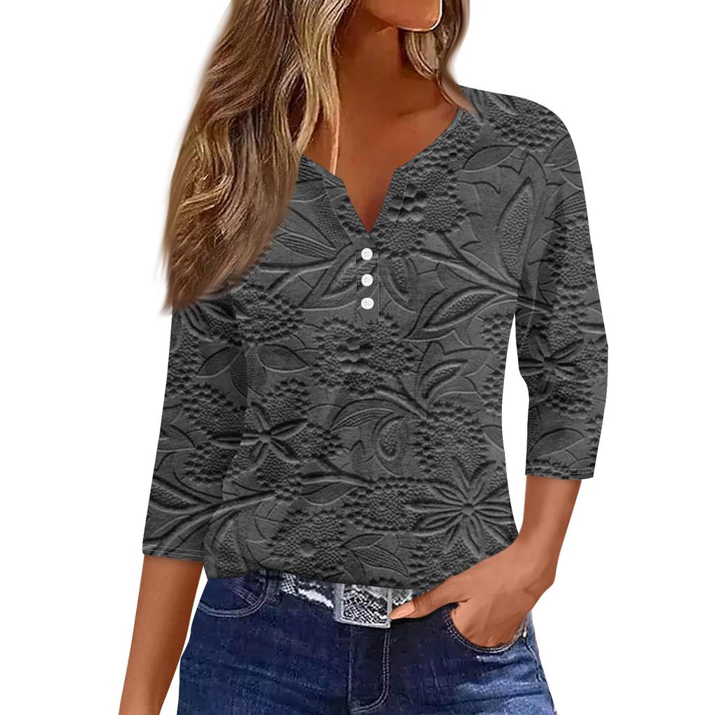 Women's T Shirt Tee Print Button  3/4 SleeveDaily Weekend Fashion Basic V- Neck Regular Top