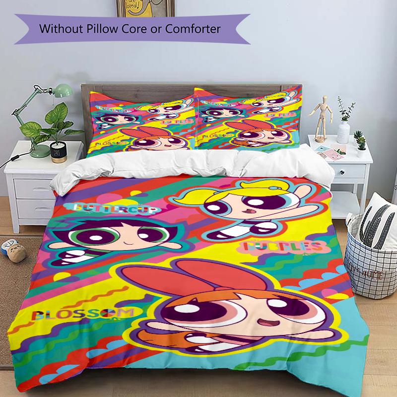 Σετ Κλινοσκεπασμάτων 3 Τεμαχίων Powerpuff Girls Adventure Print με Κάλυμμα Παπλώματος και 2 Μαξιλαροθήκες Οικιακό Δώρο Γενεθλίων
