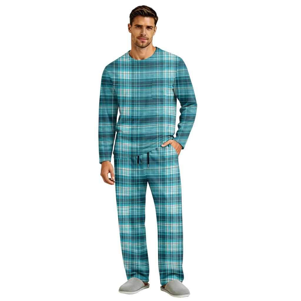Men's Long Sleeve Pajama Set with Button Crotch and Elastic Drawstring Waist for Home Comfort