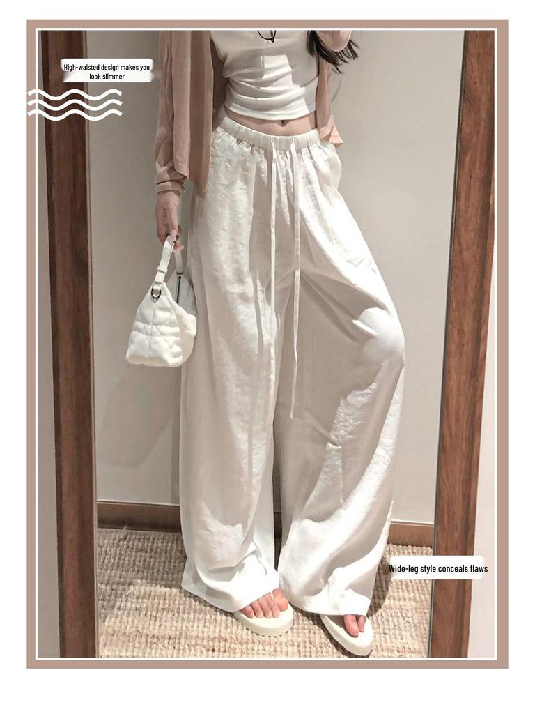 Women's White Linen High-Waisted Wide-Leg Pants - Spring Style, Drapey, Sun Protection, Cotton-Blend Casuals