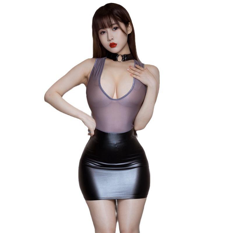 Women Sexy Exotic Dresses Mesh Spliced Patent Leather Bodycon Dresses See Through Nightwear Porno Clubwear Erotic Lingerie