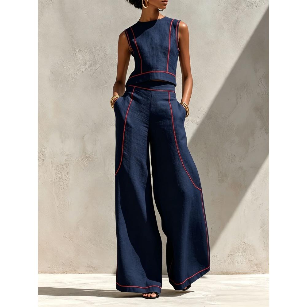 Women's Casual Tracksuit Sleeveless Tank Top High Waist Wide Leg Pants Two Piece Outfit