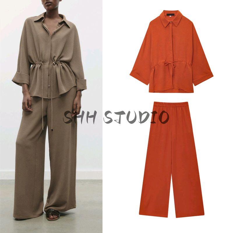 Lapel Long Wide Sleeve Swim Hunting Jacket Drape Shirt 2728568 Casual High Waist Wide Leg Pants 2116568