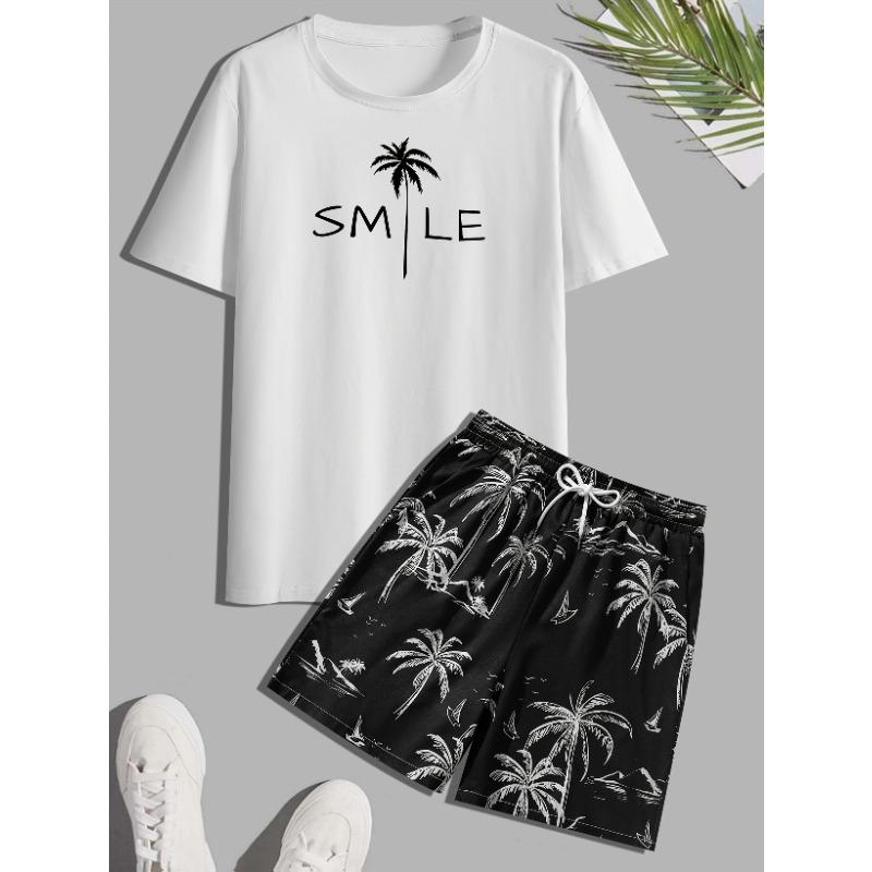

Men s coconut tree letter print round neck short-sleeved T-shirt + drawstring waist random pattern shorts set S