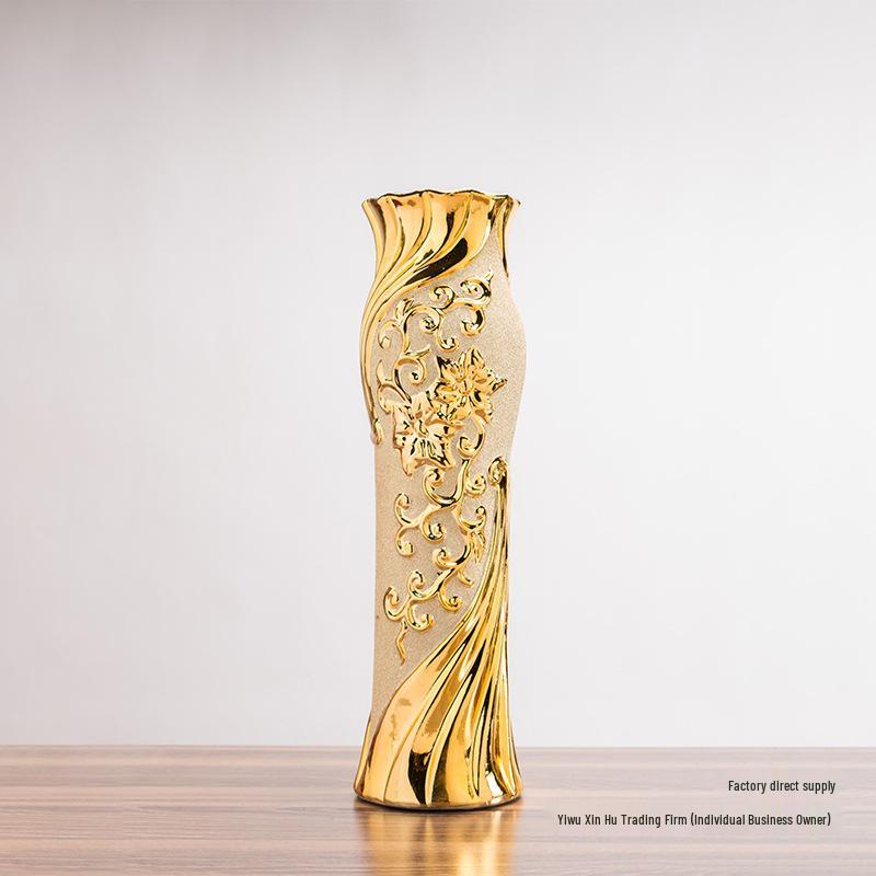 European-Style 60cm Floor-Standing Large Ceramic Vase for Living Room or Entrance Hall - Golden Flower Arrangement Decor
