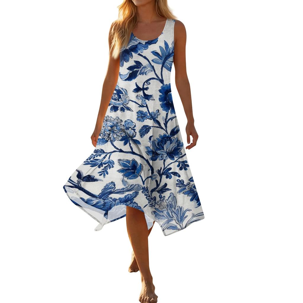 Women Sleeveless Floral Print Dress Casual Round Neck Irregular Hem Mid Length Summer Dress