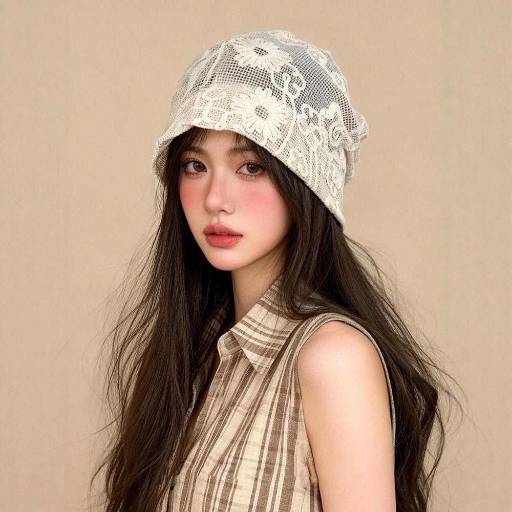Spicy Girl Hollow Out Beanies Embroidered Weave Knitted Cap Flower Pile Hat  Apparel Accessories
