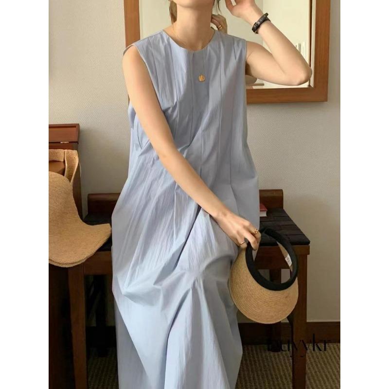 Summer Round Neck Pleated Sleeveless Vest Dress