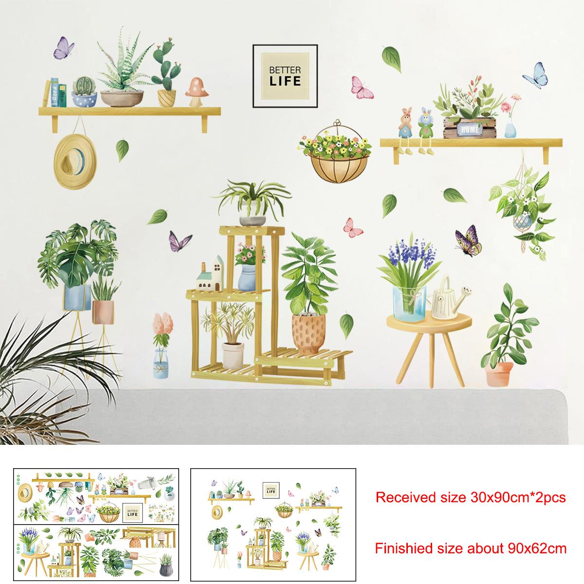 

Скандинавский зеленый стикер на стену с растениями, подвесная корзина, креативная самоклеящаяся бумага, съемный винил, декор для балкона, эркера, спальни, прикроватного фона 30x90cmx2