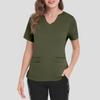 Women's Short Sleeved Solid Color V-neck Buttonable Side Slit Top T-shirt