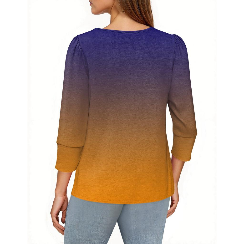 Women's Fashion Casual 3/4 Sleeve Print Shirt Women's Round Neck Tops
