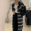 Black and white striped medium and long cardigan women's autumn retro lazy style top with casual sweater jacket women