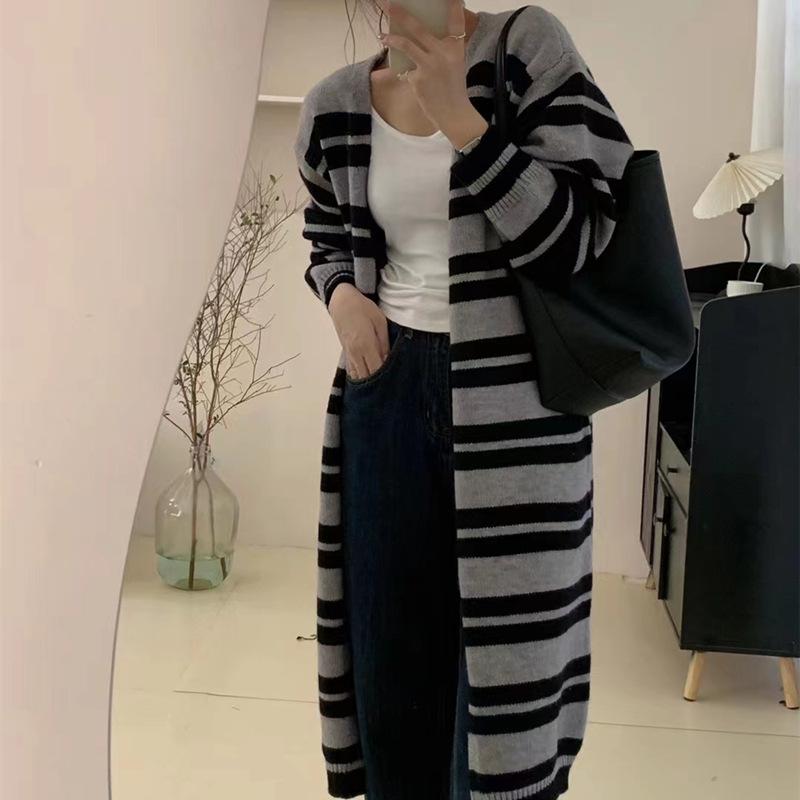 Black and white striped medium and long cardigan women's autumn retro lazy style top with casual sweater jacket women