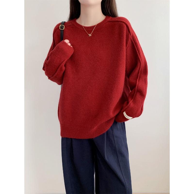 Retro round neck solid color versatile pullover sweater women's autumn and winter new loose and thin knitted sweater top