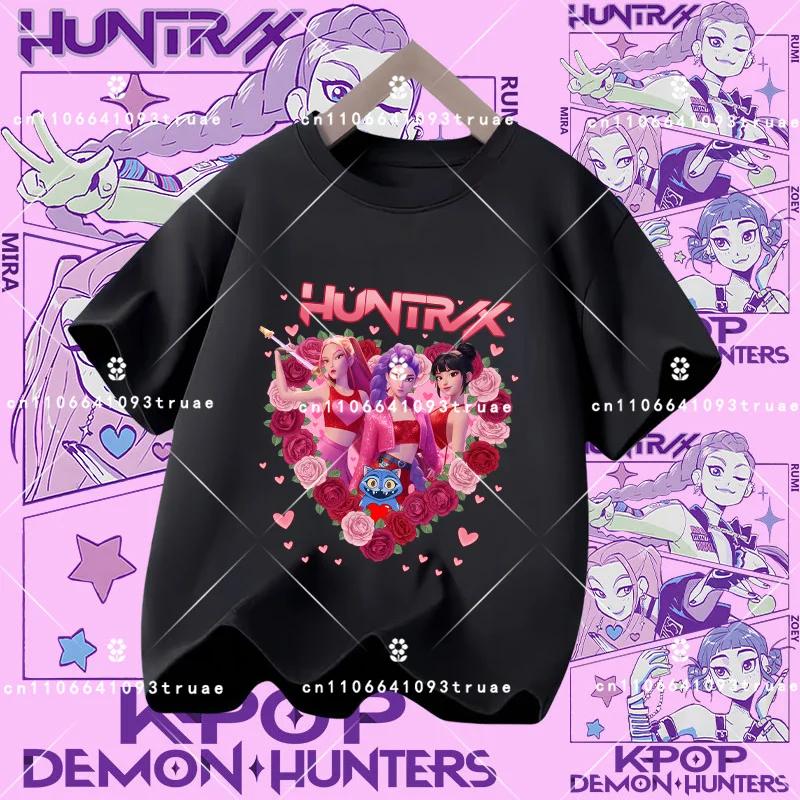 Polyester short-sleeved K-pop Demon Hunter girl cute sports shirt for children aged 1-12. Summer T-shirt. Casual top. Cartoon print