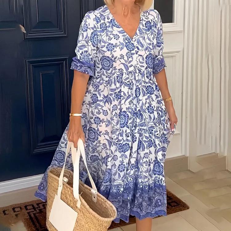 Boho Print Dress Women Summer Long Dress Female Fashion V Neck Half Sleeve Dress Ladies Loose Oversized Beach Party Dress