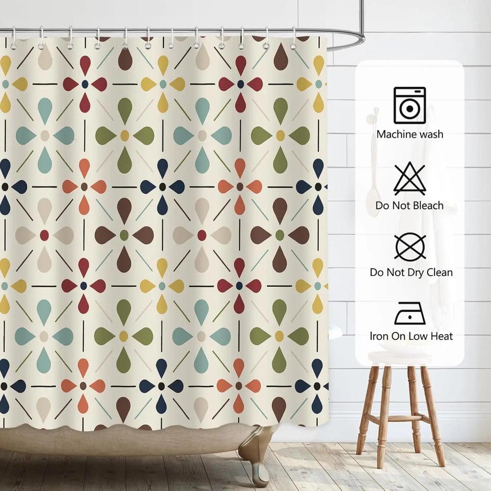 Mid Century Modern Shower Curtain, Geometric Abstract Bathroom Decor Set With Hooks, Waterproof Washable Retro Fabric Decor