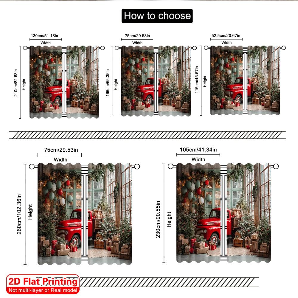 2pcs 2D flat printing Christmas Curtain Vintage red car Christmas tree 100% Polyester Without Electricity Versatile for Po