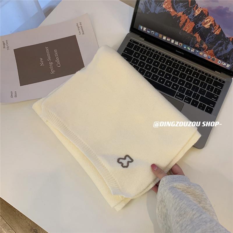 Cute bear embroidered knitted scarf female autumn and winter versatile student warm solid color scarf male