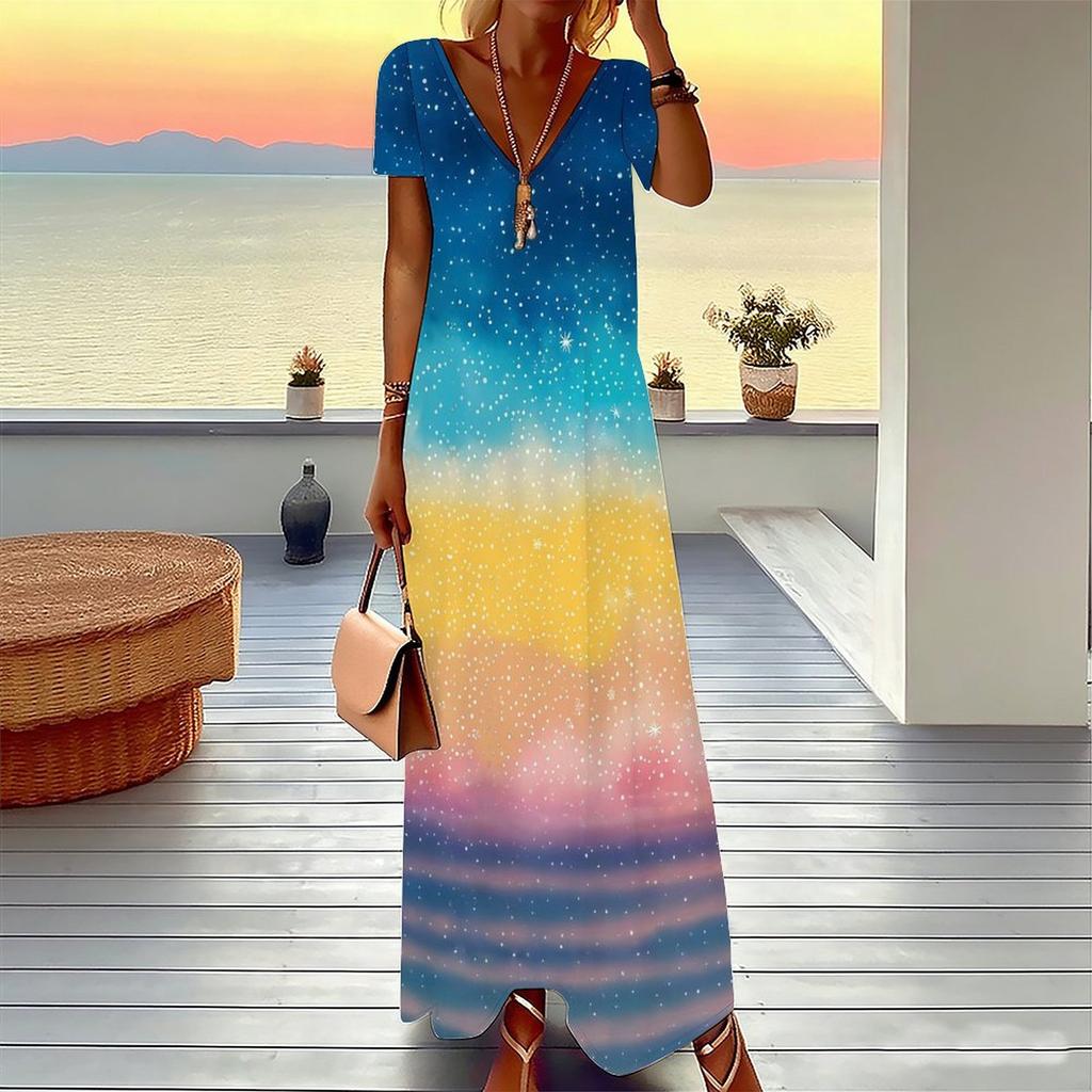 Women Plus Size V Neck Short Sleeve Maxi Dress Black White Tie Dye Stripe Print Loose Long Dress