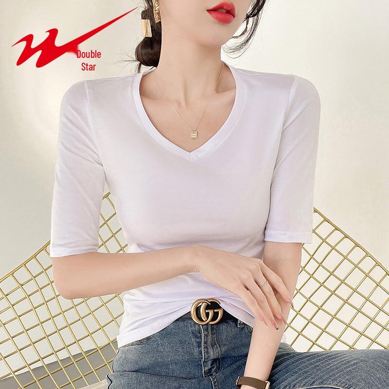 Women's V-Neck Slim Fit Mid-Sleeve T-Shirt