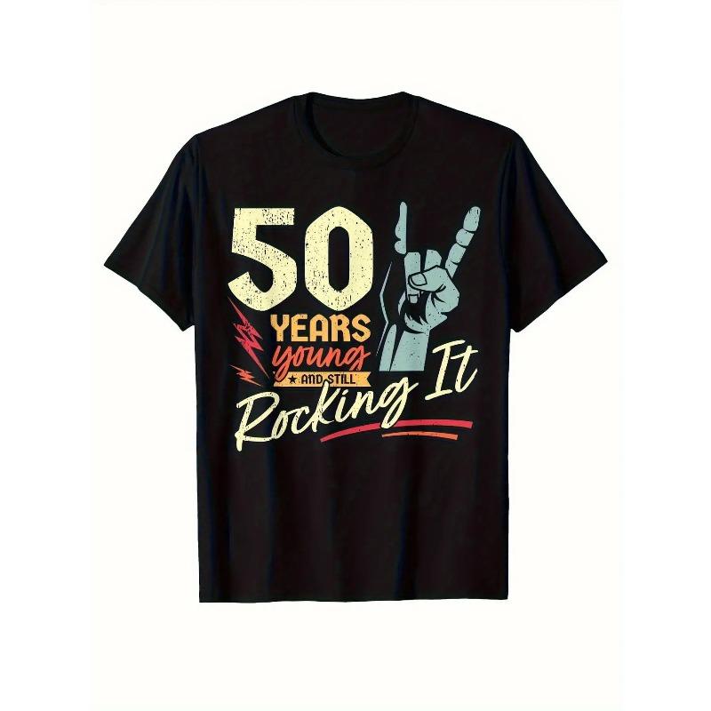 European size Men s T-Shirt Young Retro Music Theme with Rock Hand Gesture & Microphone Graphic, Vibrant Print, Regular Fit S