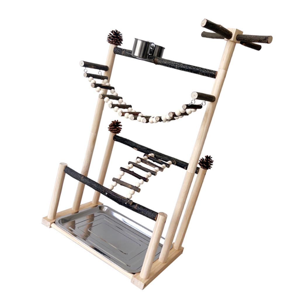 Sturdy Natural Wood Parrot Training Stand With Removable Tray Climbing Ladder Rotating Perch For Large Birds Exercise And Play