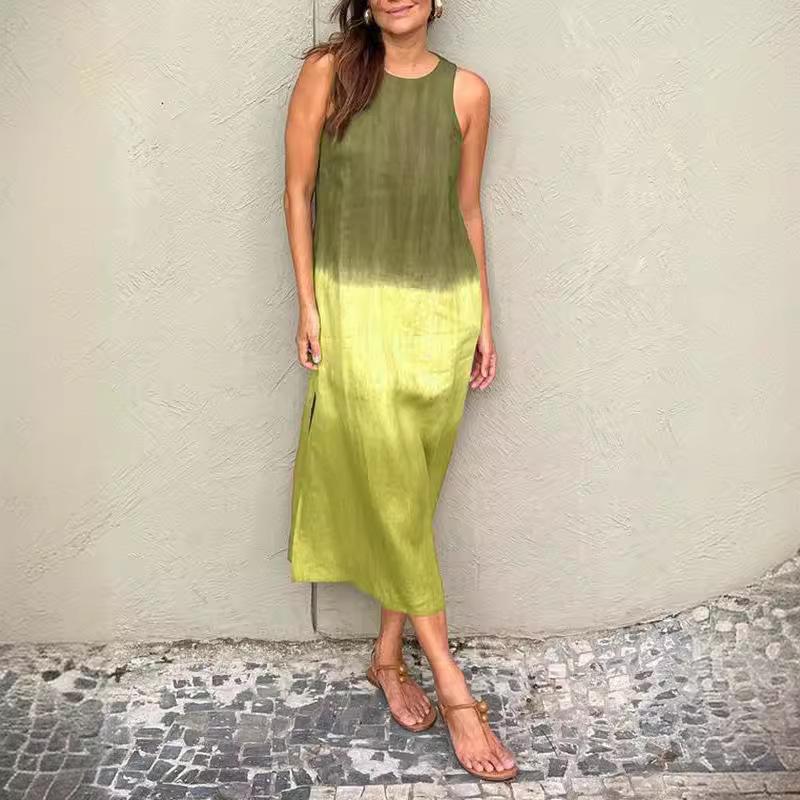 Dámské letní dámské ležérní bavlněné lněné šaty s přechodem do rozparku bez rukávů