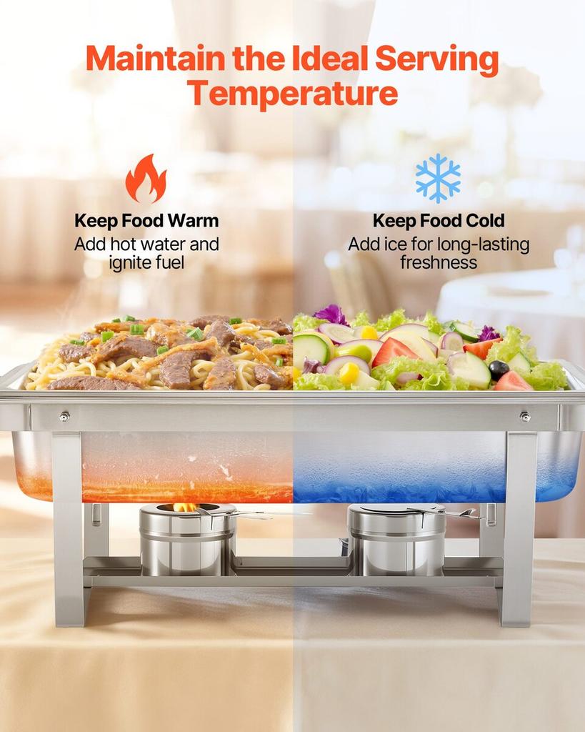 Rectangle Chafing Dish, 9.91L 4 Pack Stainless Steel Chafing Dish, Food Warmer Chafer Complete Set with Hollow Handle, 2 Food Tongs, Lid, Fuel Holder,