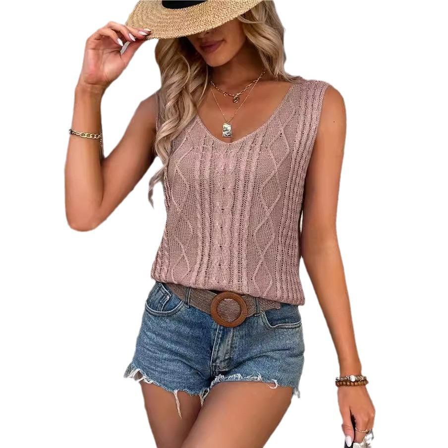 Tejido de punto casual de primavera y verano para mujer, con cuello en V, trenzado, calado, para vacaciones