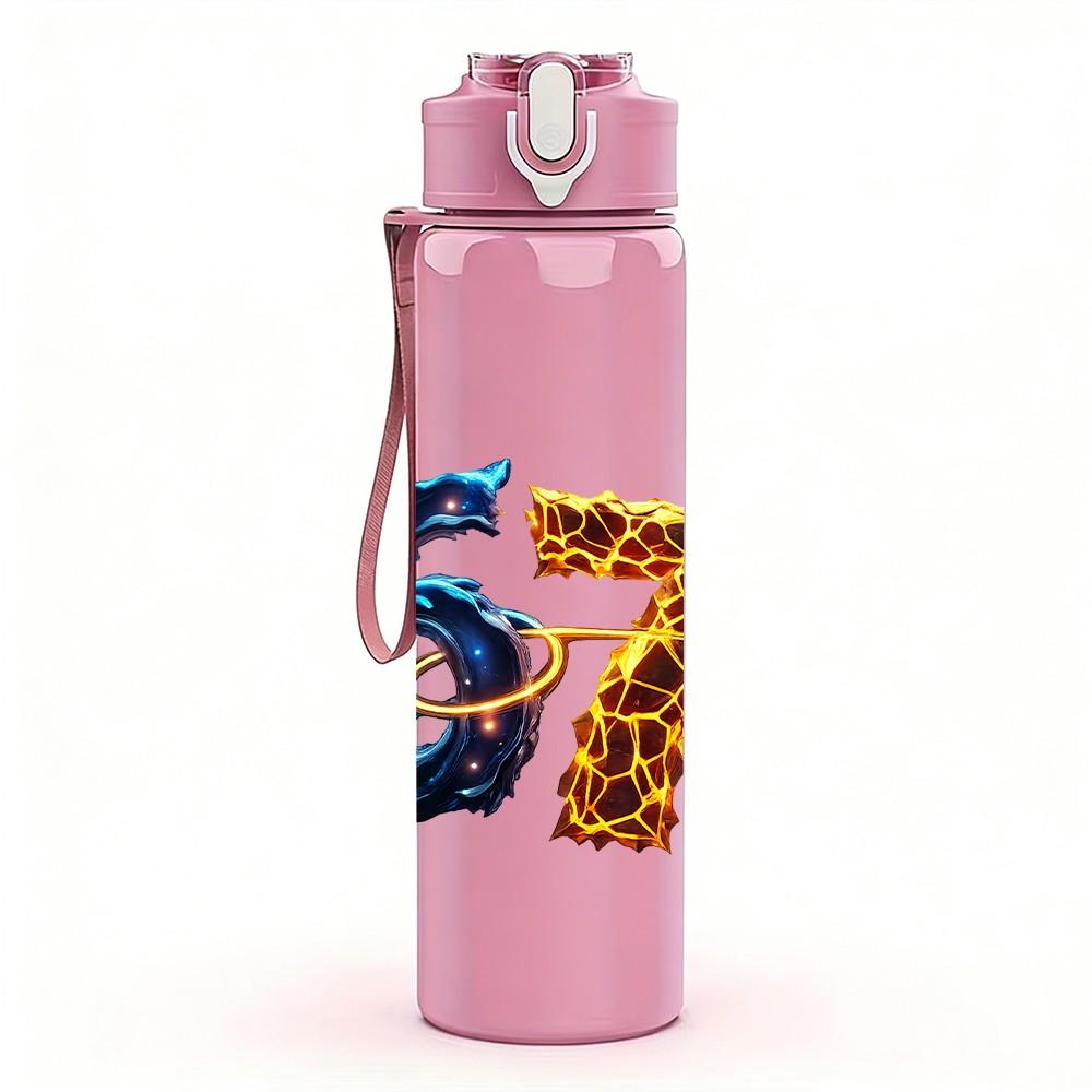 1PC Glitter Number 67 Golden Art Print 750ml Color Plastic Sports Water Bottle Leakproof Flip Straw Lid Suitable for Sports Office Home Use