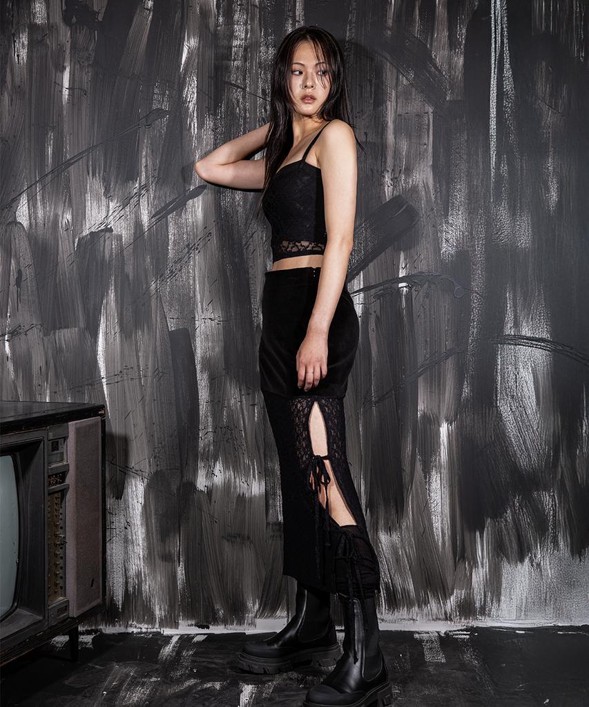 Digeunolusileu Velour See-Through Layered Long Skirt
