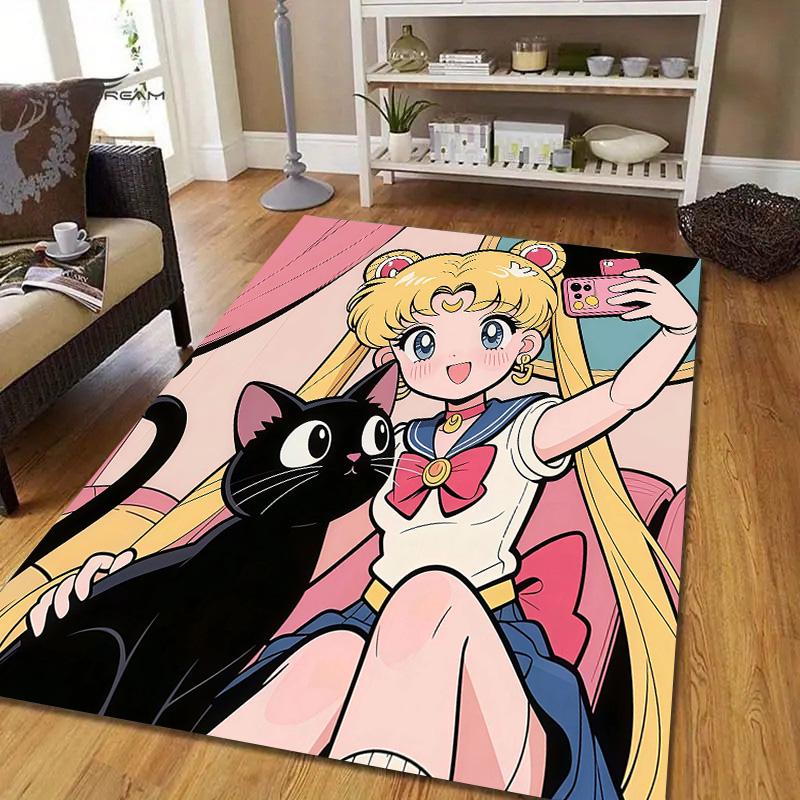 Sailor Moon Flannel Pattern Square Carpet,Area Rug,Carpet Rug for Living Room Bedroom Sofa Playroom Decor,Non-slip Floor Mat