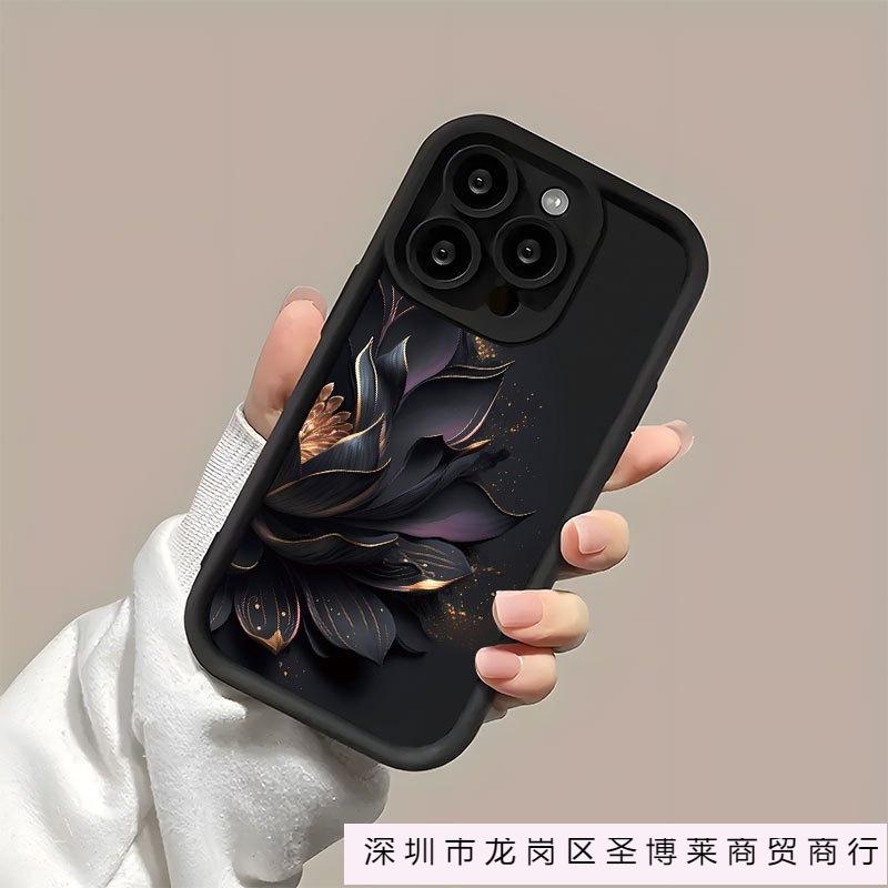Premium Black Golden Lotus Apple 16 Mobile Phone Case iPhone15promax Anti-drop 13/14 All-inclusive 11 Creative XR Soft 8