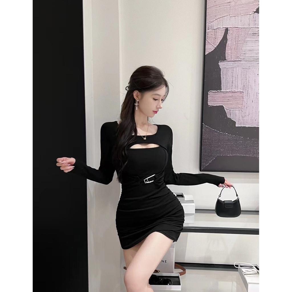 Spring New Sexy Long-sleeved High-elastic Korean Version Tight-fitting Hip-wrapped Waist Short Primer Dress Women's Clothing
