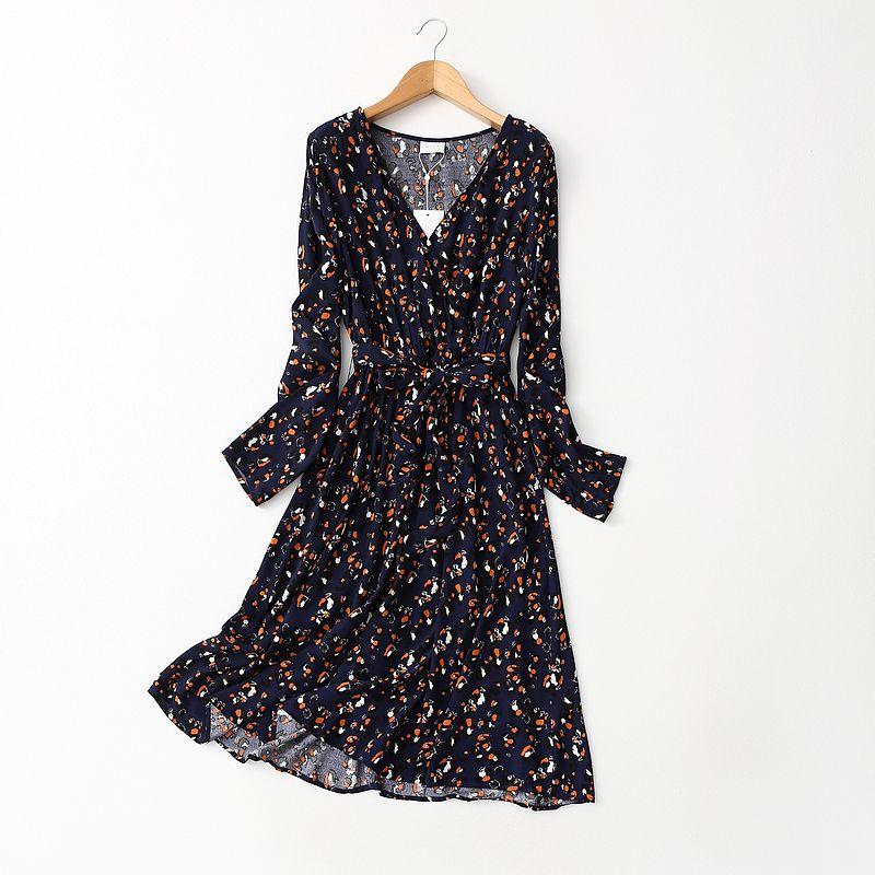 Foreign Trade Export French style Floral Cross V-neck Lace-up Waist Hugging Slimming Rayon Long sleeve dress Spring Long dress